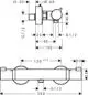 Thermostat von Hansgrohe, mit seitlichem Bedienknopf, Wandmontage, Maße und Anschlüsse sind schematisch dargestellt.
